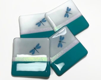 Whimsical Blue Dragonfly Coasters, Set of 4 for Mom, Fused Glass Drink Rests