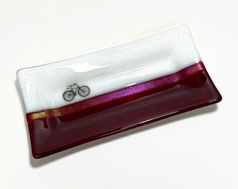 Red white fused glass bike plate mountain bike serving dish unique gifts for dad bike home decor bike enthusiast housewarming presents