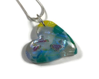 Sparkling Heart Pendant Necklace, Dichroic Glass Jewelry with Chain, Gift for Her