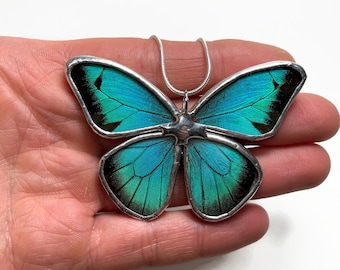 Teal Butterfly pendant real butterfly wing, glass necklace, recycled pendant, insect necklace, butterfly taxidermy