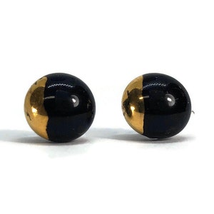 Fused glass black gold earrings round minimalist metallic studs gifts for her hypoallergenic 8mm 9mm 10mm 11mm