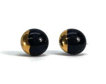 Fused glass black gold earrings round minimalist metallic studs gifts for her hypoallergenic 8mm 9mm 10mm 11mm