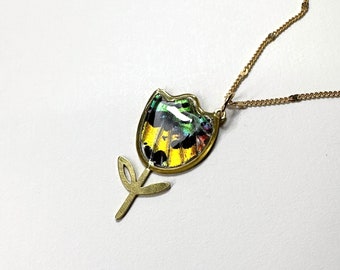 Handmade Iridescent Multicoloured Flower Necklace, Nature Inspired Butterfly Jewelry, Real Sunset Moth Wing, Resin Charm, Gifts for Her