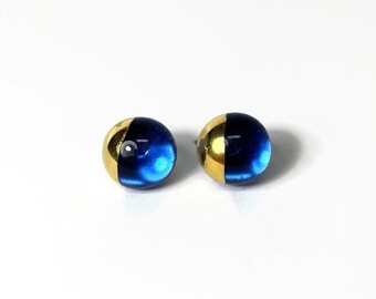 Blue gold metallic earrings fused glass jewelry minimalist round studs hypoallergenic gifts for her unique presents