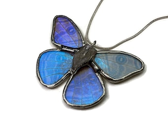 Handmade Butterfly Pendant, Real Blue Morpho Pendant For Her, One-of-a-Kind Crystal Jewelry