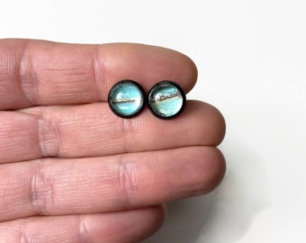 Blue stud earrings, Real butterfly wing jewelry, black round glass studs, Recycled Best friend gifts, hypoallergenic, unique presents