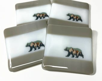 Bear coasters, fused glass drink rest, wildlife table decor, mountain art, bear home decor, unique gifts, housewarming presents, set of 4