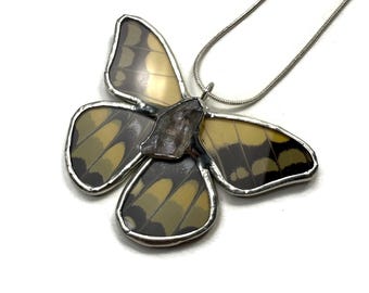 Yellow butterfly pendant, nature inspired jewelry, stained glass wing, recycled necklace, unique gifts for her, real butterfly