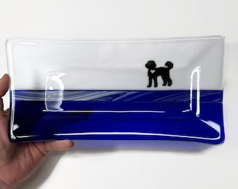 Artisan made Labradoodle glass plate, blue serving dish, poodle trinket tray, unique gifts for her, pet home decor, housewarming presents