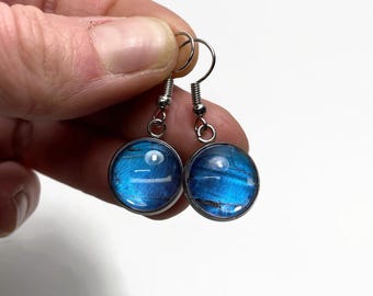 Blue iridescent wing earrings, handcrafted real butterfly jewelry, Didius morpho, glass dangle statement earrings, unique gifts for her