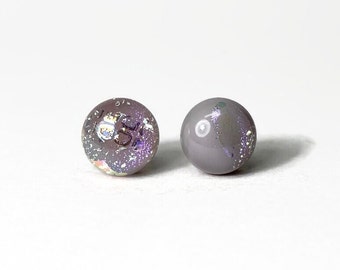 Dainty iridescent purple stud earrings, fused dichroic glass jewelry, artisan crafted earrings for her