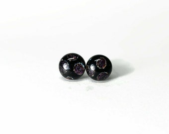 Fused Glass earrings, Black and purple, glass jewelry, dichroic glass studs, button studs, round earrings, minimalist studs, hypoallergenic