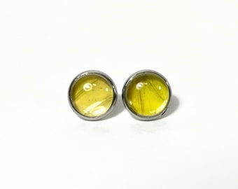 Vibrant Yellow Dainty Stud Earrings, Real Butterfly Wing Jewelry, Unique Gifts for Her, Artisan Crafted Round Glass Studs