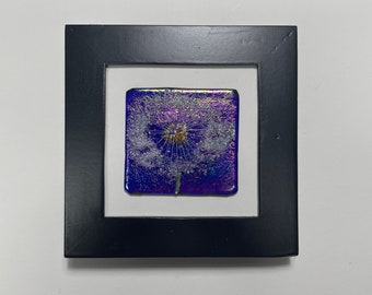 Iridescent blue dandelion wall art, fused glass flower panel, gifts for her, nature home decor, three dimensional sculpture, realistic art