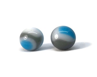 Blue white gray earrings fused glass jewelry round minimalist studs unique gifts for her button earrings 10mm, hypoallergenic