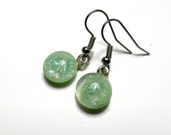 Green fused glass dangle earrings, dichroic glass jewelry, unique gifts for her, handmade in Canada, hypoallergenic