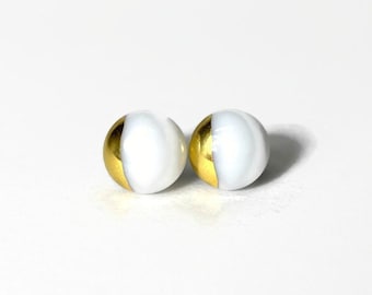 Dainty metallic gold and white stud earrings, fused dichroic glass jewelry, artisan crafted earrings for her