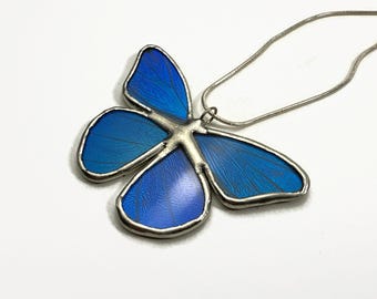 Blue pendant, iridescent, butterfly wing jewelry, Blue Morpho butterfly, real butterfly, glass pendant, necklace included