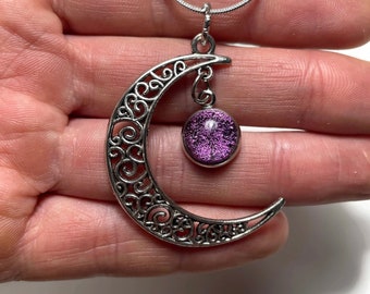 Crescent moon pink pendant, moon necklace, fused glass jewelry, Dichroic glass necklace, iridescent necklace, filigree, chain included