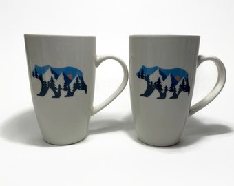 Wilderness blue bear coffee mug set, handcrafted tea cup, coffee gifts for him, wildlife home decor, housewarming presents