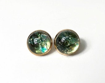 Green dichroic glass stud earrings, fused glass jewelry, gifts for mom, minimalist round studs, hypoallergenic, 12mm