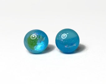 Reflective Blue Studs Earrings, Dichroic Fused Glass Jewelry, Best Friend Gifts, Hypoallergenic, Unique Presents