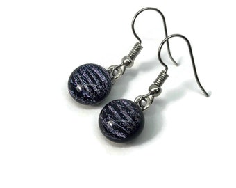 Purple and black fused glass dangle earrings dichroic glass jewelry unique gifts for mom hypoallergenic