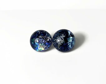 Iridescent stud earrings, fused dichroic glass jewelry, blue and silver minimalist round studs, hypoallergenic, 11mm