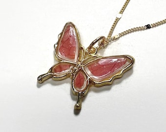 Pink butterfly gold necklace, real butterfly wing jewelry, unique gifts for her, resin pendant, chain included