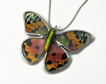 Handcrafted Butterfly Ammolite Pendant, Real Wing Jewelry, Nature Inspired Gifts for Her, Stained Glass Necklace