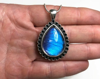 Blue iridescent glass pendant, teardrop pendant, real butterfly wing jewelry, Didius morpho, best friend gifts, chain included