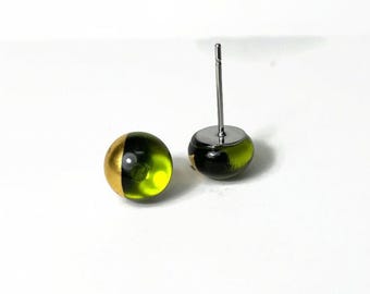 Glass earrings, green and gold studs, minimalist round studs, fused jewelry, gifts for her, unique presents, hypoallergenic