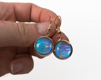 Iridescent blue butterfly earrings aurora aureola morpho butterfly real butterfly wing jewelry glass gold dangle earrings best friend gifts