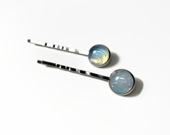 White blue bobby pins, fused glass hair barrettes, Dichroic glass jewelry, hair clips, glass hair pins, gifts for her, set of 2