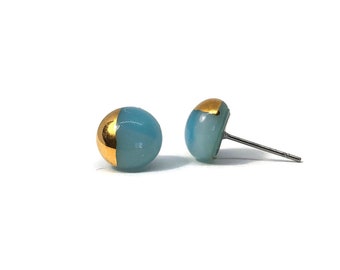 Fused glass blue and gold stud earrings, round minimalist earrings, presents for her, hypoallergenic, unique gifts, 9mm