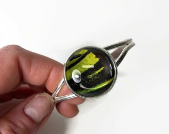 Artisan crafted butterfly wing cuff bracelet, nature inspired jewelry, glass bracelet, gifts for her