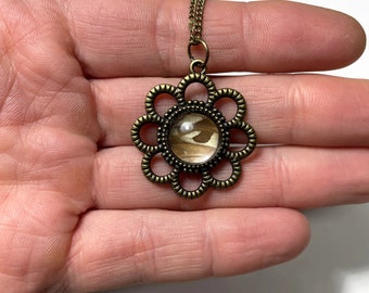 Silver brown flower pendant, metallic glass bronze necklace, real butterfly wing jewelry, unique gifts for her, chain included