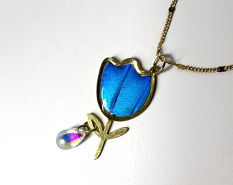 Iridescent blue pendant, flower resin pendant, real butterfly wing jewelry, morpho Rhetenor, unique gifts, chain included