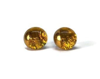 Amber earrings gold fused glass jewelry round glass earrings dichroic glass studs hypoallergenic 9mm