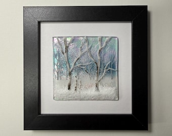 Birch Tree Fused Glass Art, Winter Forest Landscape Panel, Gifts for mom, Framed Wall Decor