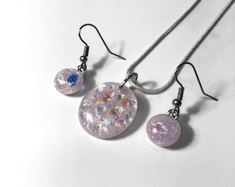 Pink iridescent pendant and earring set, dichroic fused glass jewelry, gifts for her, chain included