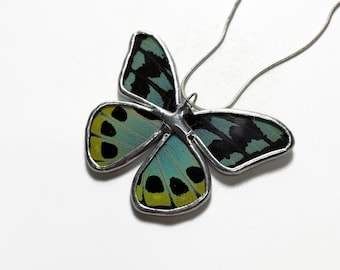 Blue and green Butterfly pendant real butterfly wing, unique gifts for her, glass necklace, recycled pendant, chain included