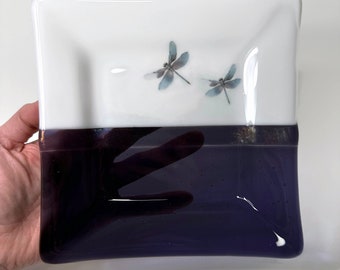 Dragonfly fused glass plate, purple serving dish, spoon rest, trinket tray, dragonfly decor, unique gifts for mom, housewarming presents