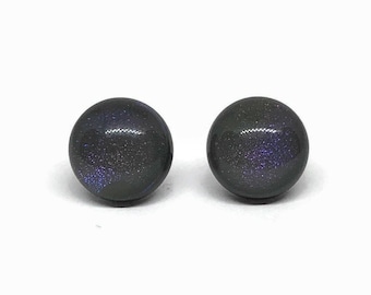 Iridescent grey stud earrings, round minimalist studs, fused dichroic glass jewelry. unique gifts for her, hypoallergenic, 9mm