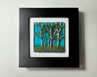 Summer birch tree fused glass art panel scenery picture, unique friends gifts, three dimensional wall sculpture