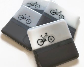 Handcrafted Fused Glass mountain bike coasters, gifts for him, bike home decor