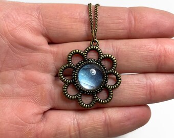 Blue iridescent pendant real butterfly wing jewelry glass bronze flower necklace Morpho butterfly best friend gifts chain included