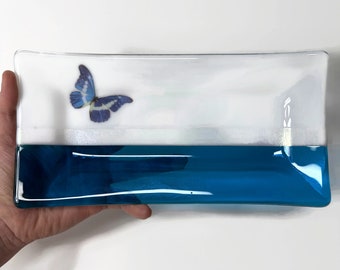 Butterfly serving plate, fused glass dish, blue trinket tray, candy dish, spoon rest, gifts for her, nature decor, housewarming presents