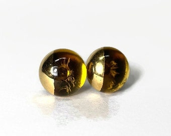 Dainty amber and metallic gold stud earrings, fused glass jewelry gifts for her