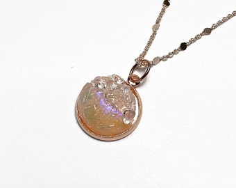 Petite Reflective Glass Pendant, One of a Kind, Dichroic Necklace, Orange gold Fused Glass Jewelry, chain included